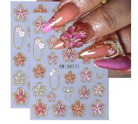 LunarCharm Lot de 2 autocollants pour ongles en fleurs, autocollants pour ongles en fleurs en relief 5D, design d'art floral circulaire doré aux fleurs roses à cinq pétales