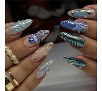 LunarCharm Lot de 24 faux ongles bleus à presser, taille moyenne, ongles artificiels, ongles adhésifs 3D océan avec charmes, design tourbillon, ongles en acrylique, ongles artistiques floraux