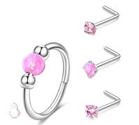 LunarCharm Lot de 4 piercings de nez en acier inoxydable, clous de nez en L 20 g, opale rose 18 g, petits anneaux à charnière argentés pour narine, septum, cartilage et hélix