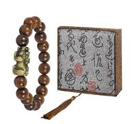 Lunarthos Pixiu Bracelet Feng Shui de protection de richesse - Perles en bois naturel et cordon élastique réglable pour homme et femme, convient aux poignets de 16,8 à 20,8 cm, coffret cadeau élégant