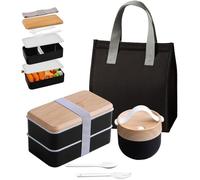 Lunch Box avec Sac Kit, 1400ML Boite Repas - avec 7.5L Sac Lunch Box Isotherme et 600ml Mug Soupe et Couverts, Lunchbox Micro（Noir）