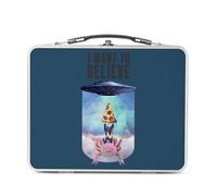 Lunch Box Métal Argenté pour Sandwich et Snack - I Want to Believe Chat Pizza Extraterreste Collage Vintage Illustration Art Humour Parodie Animal - Boîte à Goûter Aluminium Gamelle Rigide Style