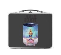 Lunch Box Métal Argenté pour Sandwich et Snack - I Want to Believe Chat Pizza Extraterreste Collage Vintage Illustration Art Humour Parodie Animal - Boîte à Goûter Aluminium Gamelle Rigide Style