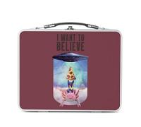 Lunch Box Métal Argenté pour Sandwich et Snack - I Want to Believe Chat Pizza Extraterreste Collage Vintage Illustration Art Humour Parodie Animal - Boîte à Goûter Aluminium Gamelle Rigide Style