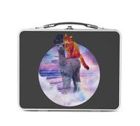 Lunch Box Métal Argenté pour Sandwich et Snack - Lama Chat et Arc en ciel Collage Vintage Illustration Art Humour Parodie Animal - Boîte à Goûter Aluminium Gamelle Rigide Style Rétro Imprimée en