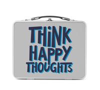 Lunch Box Métal Argenté pour Sandwich et Snack - Think Happy Thoughts Typographie Message Citation Positivité Good Vibes Santé Mental - Boîte à Goûter Aluminium Gamelle Rigide Style Rétro Imprimée en