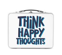 Lunch Box Métal Argenté pour Sandwich et Snack - Think Happy Thoughts Typographie Message Citation Positivité Good Vibes Santé Mental - Boîte à Goûter Aluminium Gamelle Rigide Style Rétro Imprimée en