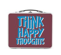 Lunch Box Métal Argenté pour Sandwich et Snack - Think Happy Thoughts Typographie Message Citation Positivité Good Vibes Santé Mental - Boîte à Goûter Aluminium Gamelle Rigide Style Rétro Imprimée en