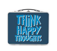 Lunch Box Métal Argenté pour Sandwich et Snack - Think Happy Thoughts Typographie Message Citation Positivité Good Vibes Santé Mental - Boîte à Goûter Aluminium Gamelle Rigide Style Rétro Imprimée en