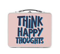 Lunch Box Métal Argenté pour Sandwich et Snack - Think Happy Thoughts Typographie Message Citation Positivité Good Vibes Santé Mental - Boîte à Goûter Aluminium Gamelle Rigide Style Rétro Imprimée en