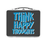 Lunch Box Métal Argenté pour Sandwich et Snack - Think Happy Thoughts Typographie Message Citation Positivité Good Vibes Santé Mental - Boîte à Goûter Aluminium Gamelle Rigide Style Rétro Imprimée en