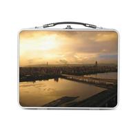 Lunch Box Métal Argenté pour Sandwich et Snack - Ville à l'Heure du Coucher de Soleil Pont Traverse le Fleuve Ciel d'Or - Boîte à Goûter Aluminium Gamelle Rigide Style Rétro Imprimée en France