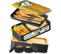 Umami Bento Lunch Box, Couverts & Pots à Sauce Inclus, Boite Repas Étanche, Lunchbox Micro-Ondable, Boîte à Lunch Adulte compartimentee, Noir et Bambou, 1200 ml