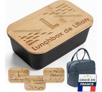 Lunchbox homme personnalisée - Bento avec prénom personnalisable - Boîte à repas gravée - Boîte à déjeuner avec sac isotherme - Idée cadeau homme, papa, anniversaire, Noël, fête des pères (Noir)