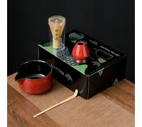 LUNCHS Coffret Cadeau Convient pour Les Cadeaux de Vacances, Les Cadeaux de Mariage Matcha Kit Bol à Matcha avec Bec Verseur Cuillere Matcha(Black Box,4-Piece Set_Red)