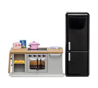 LUNDBY Mobilier de maison de poupée îlot de cuisine - Cuisinière + réfrigérateur - 10 pièces accessoires pour maison de poupée 11 cm - Mini poupées à partir de 4 ans - Échelle 1:18