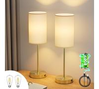 lundwa Lampe de Table LED Sans Fil Tactile - Variateur d'Intensité, 6000mAh Batterie Rechargeable, E27 6W (Blanc Chaud), Abat-Jour en Lin Blanc avec Base Métallique Dorée - 2PCS pour Chambre/Salon
