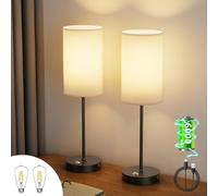 lundwa Lampe de Table LED Sans Fil Tactile - Variateur d'Intensité, 6000mAh Batterie Rechargeable, E27 6W (Blanc Chaud), Abat-Jour en Lin Blanc avec Base Métallique Noir - 2PCS pour Chambre/Salon