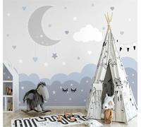 Lune Minimaliste Dessinée À La Main Ciel Étoilé Nuages Blancs Papier Peint 3D Installation Facile Intissé Tapisserie Bureau Salon Canapé Chambre Décoration Murale-150cm×105cm