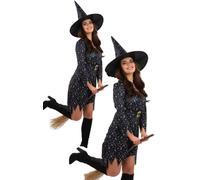 Lune & Stars Sorcière + Chapeau Sorcières Costume Halloween Adultes UK 4-18