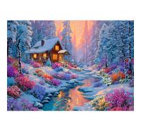 Luneko Jigsaw Puzzle pour Adultes 1000 Pièces Défi Difficile et Complexe Style Peinture à l'huile Paysage Naturel Forêt Enneigée Maison et Ruisseau 70 x 50 cm