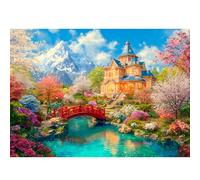 Luneko Jigsaw Puzzles pour Adultes de 1000 Pièces Niveau de Difficulté Impossible Défi extrême Paysages de Montagne Nature Cerisiers en Fleurs Château Pont Ruisseau 1000 Pièces 70 x 50 cm