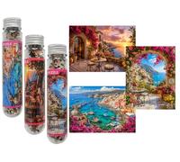 Luneko Petits Puzzles pour Adultes Mini Micro Pièces 15 x 10 cm Lot de 3 | Puzzle Stimulant Mini Puzzle de 150 pièces Format Voyage Thème Romantique Ville Fleurie en Bord de Mer Pièces emboîtables