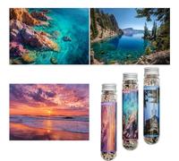 Luneko Petits puzzles pour adultes Puzzle difficile Mini-puzzle 150 pièces Micro-puzzle Coucher de soleil sur la mer Rochers Paysage côtier Puzzle de voyage 15 x 10 cm Pack de 3