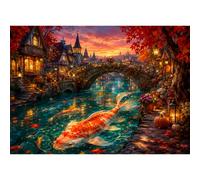 Luneko Puzzles pour adultes - 1000 pièces - Puzzle impossible - 70 x 50 cm | Puzzle de 1000 pièces - Paysage de rêve koï d'automne sur la rivière - Coucher de soleil