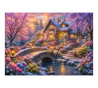 Luneko Puzzles pour adultes - 1000 pièces - Puzzle impossible - 70 x 50 cm | Puzzles difficiles - Fleurs de neige - Jardin avec maison fleurs et pont en pierre - Paysage - Puzzle de 1000 pièces