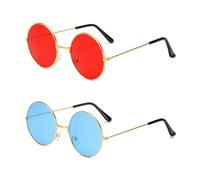 Lunette de Soleil Ronde Hippie, Lunettes Fête Rondes, Lunettes de Soleil Ronde avec Monture en Métal, Lunettes de Soleil Femme, Rondes Hippie Lunettes, Lunettes de Soleil Vintage, Rouge et Bleu