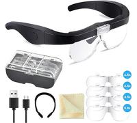 Lunette Loupe avec 2 LED,Frontale Grossissantes Casque Loupe Mains Libres pour la Lecture de lentilles avec 4 Lentilles Amovibles pour Lecture Bijoutier Couture Bricolage (1,5X, 2,5X, 3,5X, 5,0X)