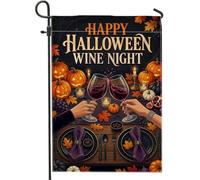 Lunettes avec citation Halloween Wine Night Drapeau de jardin 30,5 x 45,7 | Jack-o'-lanterns, drapeau de pelouse, feuilles d'automne, serviettes violettes, décor de table effrayant