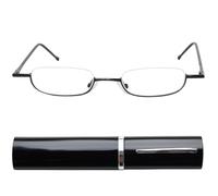 Lunettes de lecture demi-lune unisexes avec étui aluminium compact | Monture basse semi-cer pour lire de près puis regarder au-dessus, avec plaquettes réglables et verres clairs.