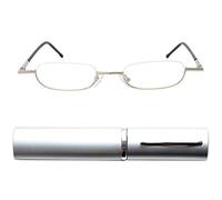 Lunettes de lecture demi-lune unisexes avec étui aluminium compact | Monture basse semi-cer pour lire de près puis regarder au-dessus, avec plaquettes réglables et verres clairs.