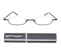 Lunettes de lecture demi-lune unisexes avec étui aluminium compact | Monture basse semi-cer pour lire de près puis regarder au-dessus, avec plaquettes réglables et verres clairs.