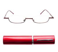 Lunettes de lecture demi-lune unisexes avec étui aluminium compact | Monture basse semi-cer pour lire de près puis regarder au-dessus, avec plaquettes réglables et verres clairs.