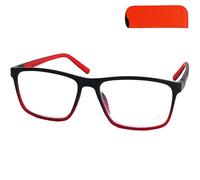 Lunettes de lecture rectangulaires noir et rouge avec étui orange inclus | Branches flexibles, monture en plastique pour femme et homme ; deux hauteurs de verres : 35 ou 39 mm.