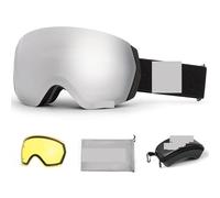 Lunettes de Ski Ski Goggles Men Women Anti-Fog Ski Eyewear Snow Glasses Adult Snowboard Goggle with Night Yellow Lens and Case Set(BK Silver Set)