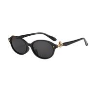 Lunettes de soleil chics à monture noire pour femme, style ovale rétro, avec emblème Saturne doré et détails métalliques. Un accessoire tendance pour le quotidien et les activités de plein air.