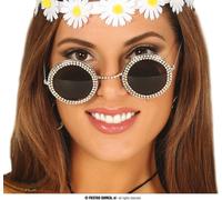 Lunettes de soleil Hippie 60s Retro Lunettes de soleil rondes Enfants-fleur Festival Fête Carnaval Boho Look Vintage Accessoire Glamour, Couleur : Noir