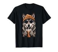 Lunettes de Soleil Loup drôles de Loup Buvant du café glacé T-Shirt