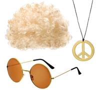 Lunettes de soleil pour perruque afro - Accessoires pour cheveux hippie pour homme | Ensemble de costume hippie, accessoires de déguisement hippie, comprend perruque afro, lunettes de soleil, collier