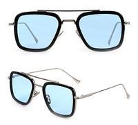Lunettes de soleil rétro vintage Iron Man Tony Stark - Monture carrée en métal pour homme et femme - Monture classique en alliage, Cadre noir, lentille bleu océan, bras argenté, Taille unique