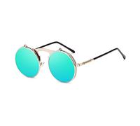Lunettes de Soleil Ronde Steampunk Flip up Lentille Rétro Lunettes de Soleil à Monture en Métal pour Femme Homme Cadre Argenté/Lentille Vert