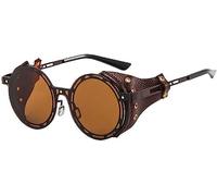 Lunettes de soleil rondes polarisées rétro steampunk pour hommes et femmes lunettes de soleil en métal mode cuir avec panneau latéral style gothique lunettes de soleil rondes (Une taille,Café)