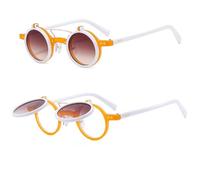 Lunettes de soleil rondes rétro punk à double rabat pour homme et femme avec monture léopard UV400 rivets, Thé blanc orange, Taille unique