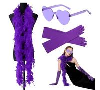 Lunettes en Forme de Cœur Boa à Plumes, Accessoires de Mode Élégants, Comprend des Lunettes Cœur, Écharpe en Plumes et Gants, Parfait pour les Fêtes, Couleur Rose et Noire