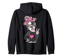 Lunettes Motif Chien Bulldog avec Inscription « Peace Sign » et nœud Rose Sweat à Capuche