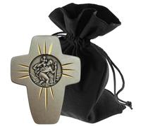 LUNEXUS Aimant de voiture en forme de croix de Saint Christophe - 4,5 x 3,5 cm - Plaque Saint-Christophe bénie avec certificat - En forme de croix - Rayons du soleil - Autocollant magnétique